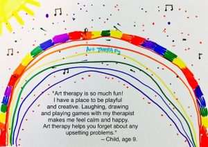 Rainbow with a child quote saying 'Art therapy is so much fun! I have a place to be playful and creative.'