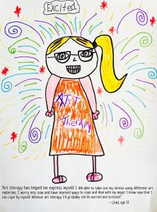 Young girl with a pony tail who is 'excited' and has lines and sparks coming out from her 