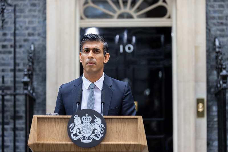Prime Minister, Rishi Sunak, giving a speech at No 10 Downing Street 