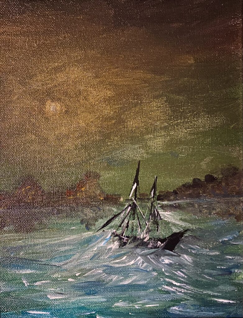 A painting of a ship in rocky water, getting close to shore