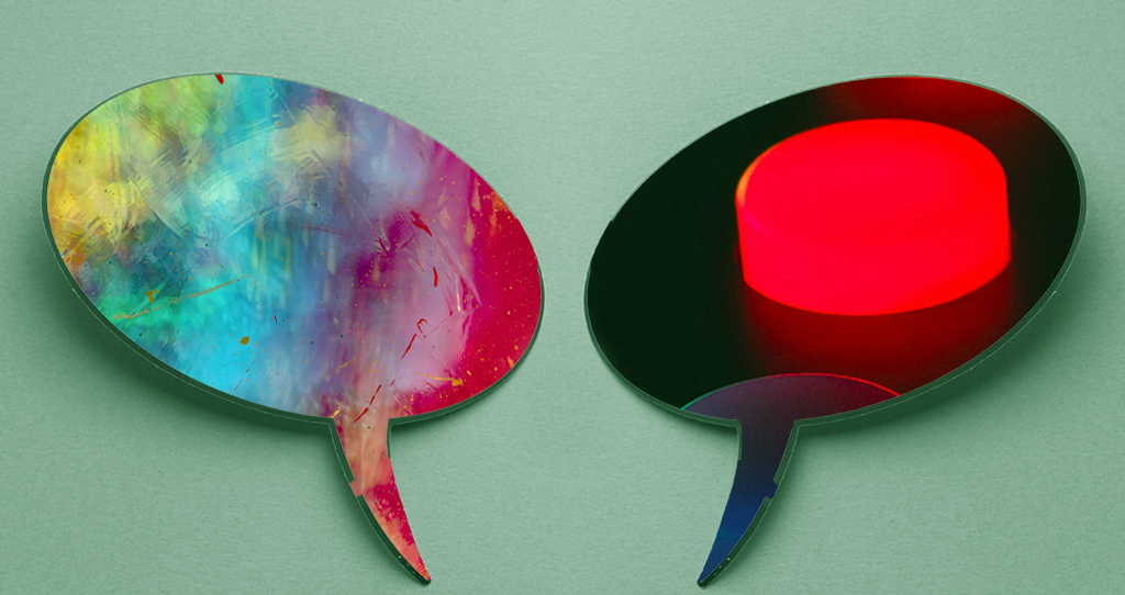 two speech bubbles against a green background